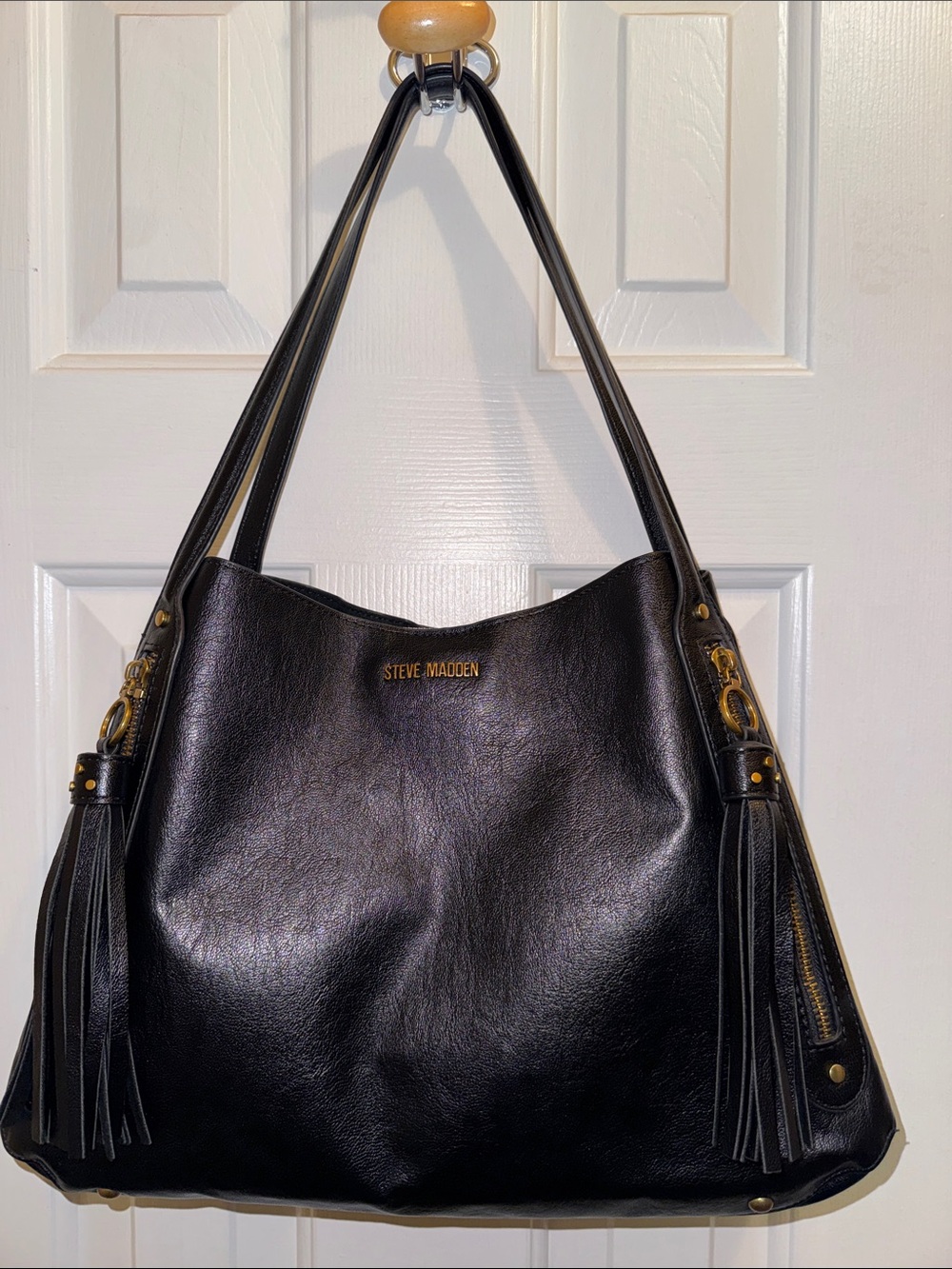 Steve Madden Black Faux Leather Shoulder Tote with Tassels